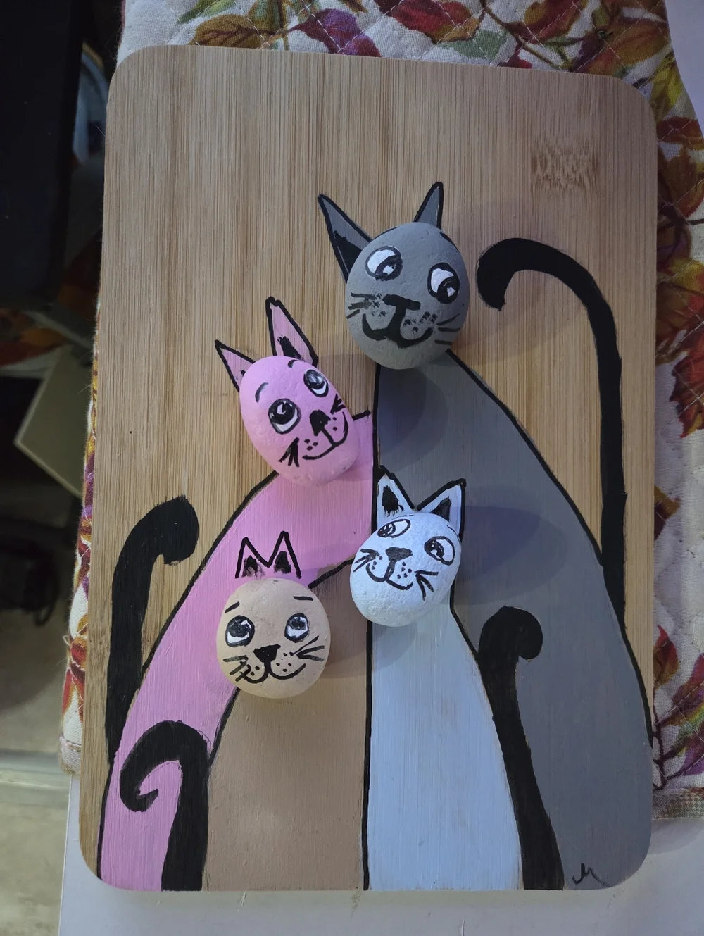 Handmade Decorative Rock Cat Wall Art - Pink, Gray, White, Tan 7x10 - Picture 2 of 2